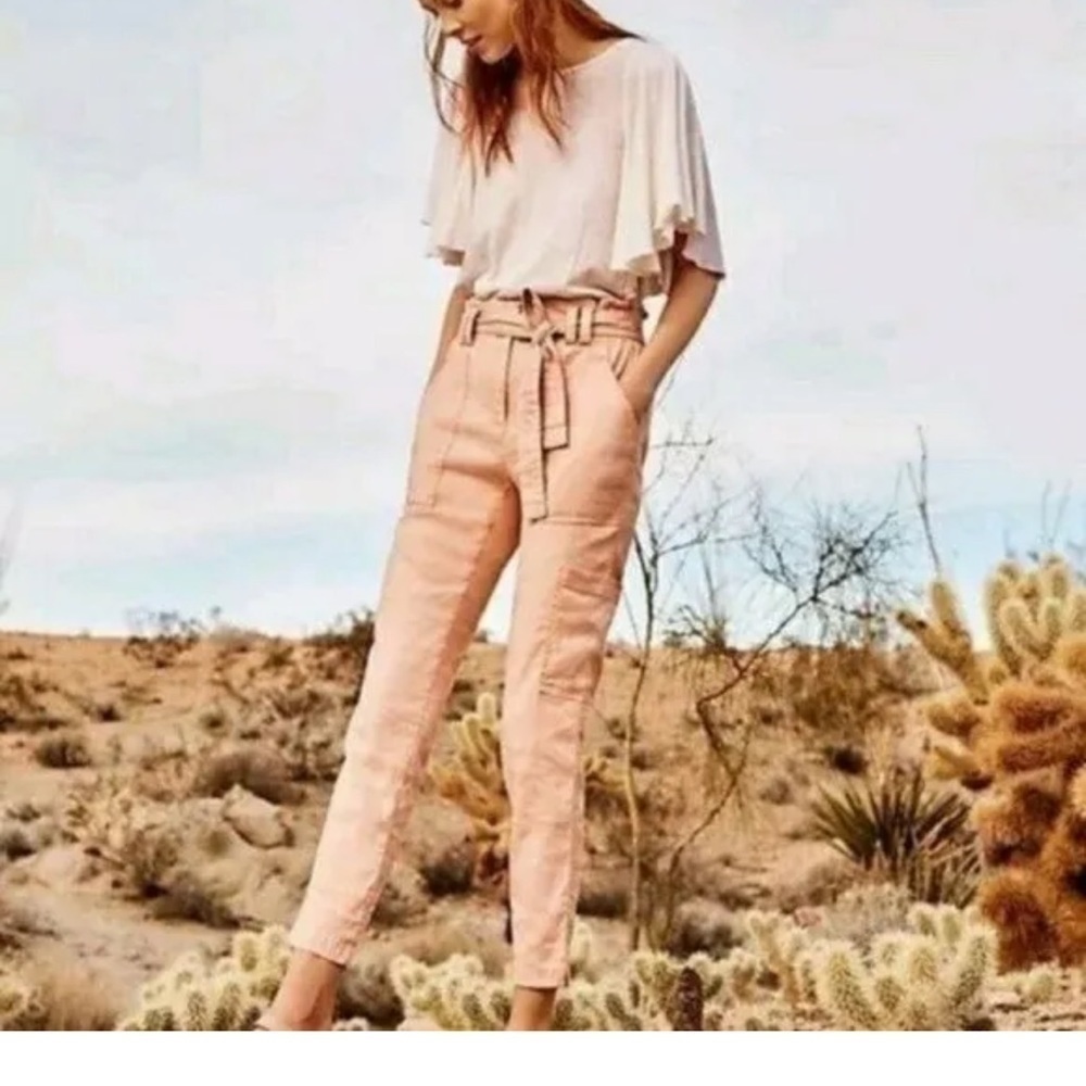 Anthropologie ELEVENSES Romy Paper Bag Waist Linen Blend Pants Pink Sz S